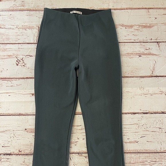 Zara Green Ribbed Stretch Dress Pants Women's Size Small Flare Legs W/ Slits - Picture 2 of 11